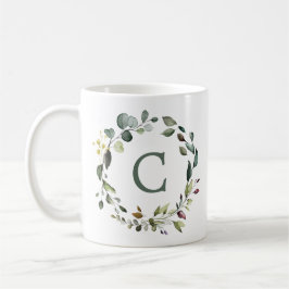Elegant botanisk grönskekrans med monogram kaffemugg