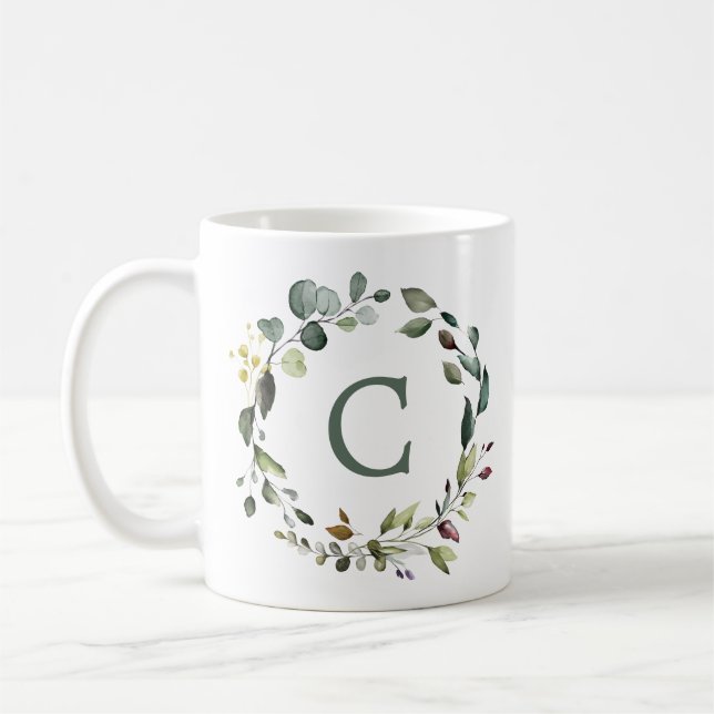 Elegant botanisk grönskekrans med monogram kaffemugg (Vänster)
