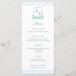 Elegant Botanisk Grönt Blue Monogram Bröllop Meny