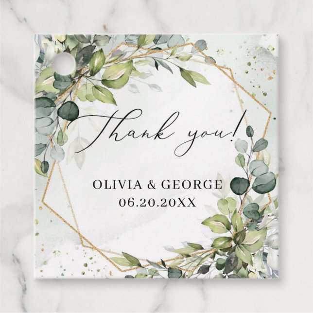 Elegant botanisk grönt eucalyptus guld geometrisk gåvor etiketter (Framsida)