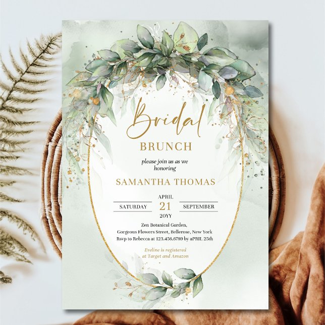 Elegant botanisk grönt eucalyptus guld geometrisk inbjudningar (Rustic watercolor eucalyptus greenery gold brunch and bubbly invitation )