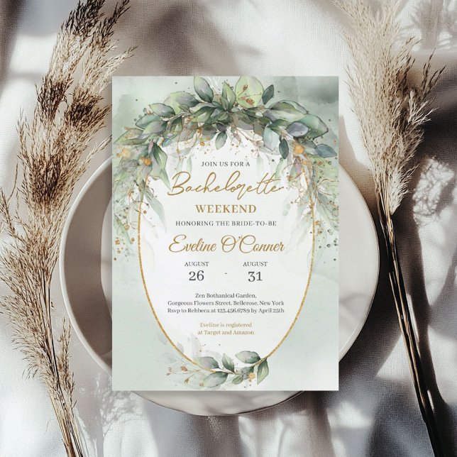 Elegant botanisk grönt eucalyptus guld geometrisk inbjudningar (Elegant botanical green eucalyptus gold geometric invitation)