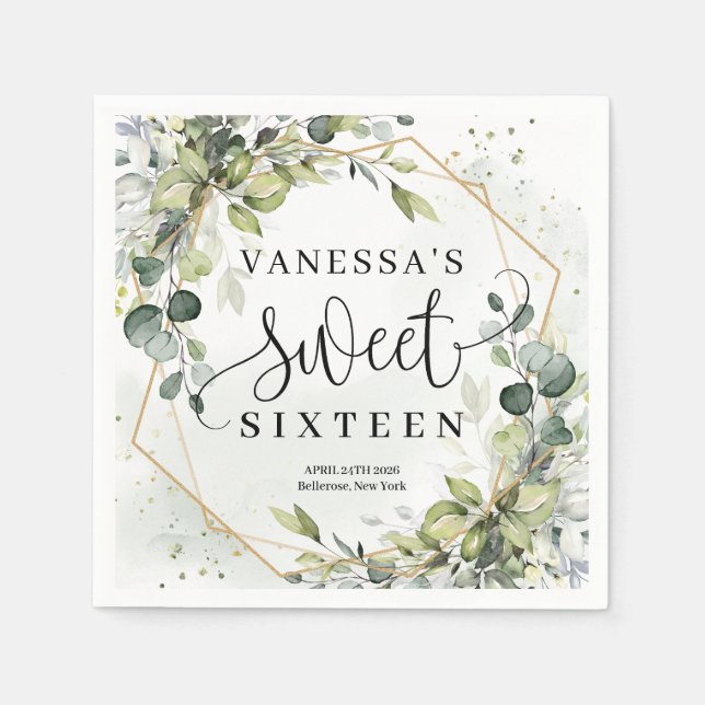 Elegant botanisk grönt eucalyptus guld Sweet 16 Pappersservett (Framsidan)