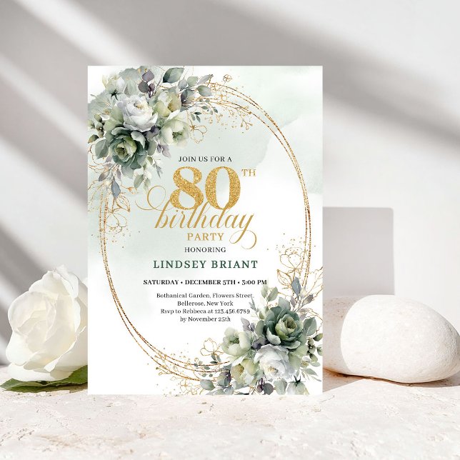 Elegant botanisk guld 80-års födelsedagsinbjudan inbjudningar (Elegant Botanical Gold 80th Birthday Invitation)