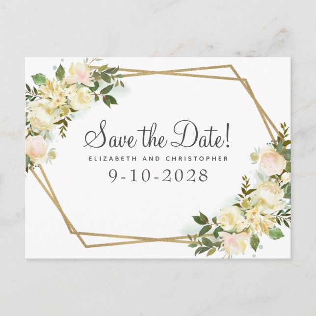Elegant Botanisk Guld Grönska Ros Chic Vit Meddelande Vykort (Framsida)