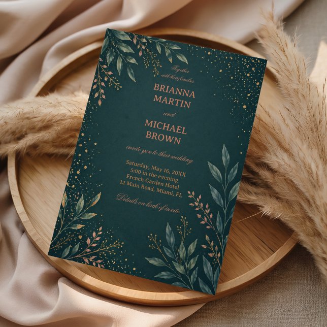 Elegant botanisk guld teal inbjudningar (Skapare uppladdad)