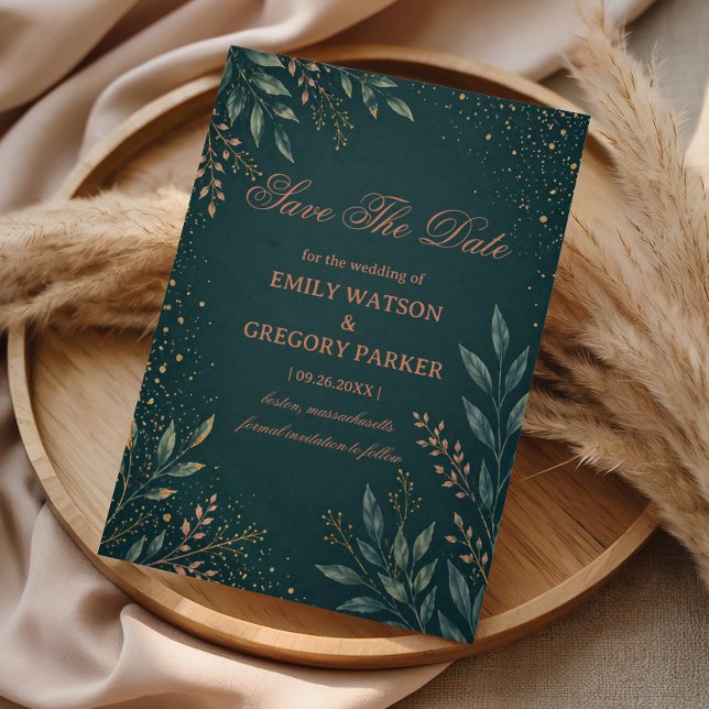 Elegant botanisk guld teal spara datumet (Skapare uppladdad)
