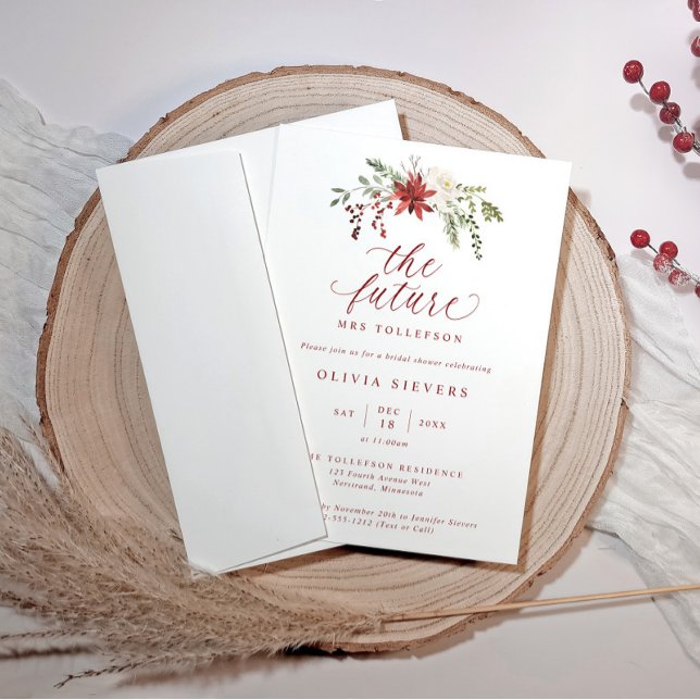Elegant botanisk julbröllopsfest inbjudningar (Elegant winter bridal shower design with “The Future Mrs” and watercolor greenery and red berries.)