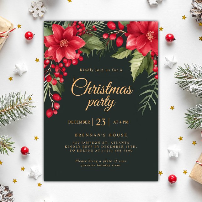 Elegant Botanisk Julfest vid jul Inbjudningar (Elegant Botanical Christmas Holiday Party Invitation)