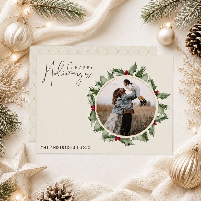 Elegant botanisk julkort med familjefoto (Elegant Botanical Holly Family Photo Christmas Holiday Card)