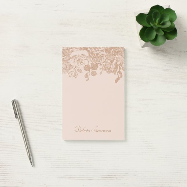 Elegant Botanisk | Koppar Rosa Guld Blommig Anpass Post-it Block (Kontor)