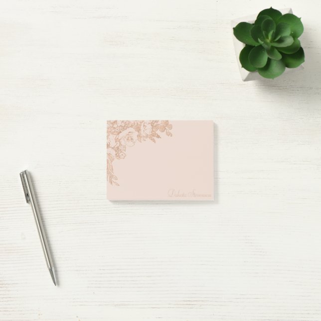 Elegant Botanisk | Koppar Rosa Guld Blommig Anpass Post-it Block (Kontor)