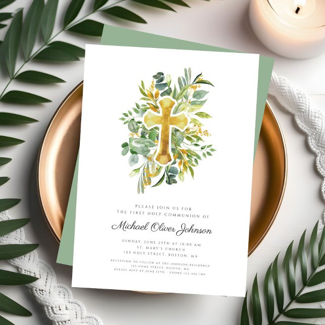 Elegant botanisk kors första kommunion inbjudningar (Elegant Botanical Cross First Communion Invitation)