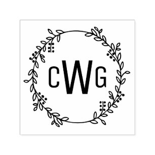 Elegant botanisk krans 3 initial monogram #1 självfärgande stämpel