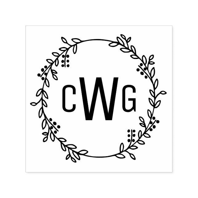 Elegant botanisk krans 3 initial monogram #1 självfärgande stämpel (Design)