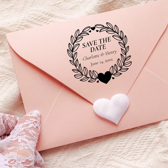 Elegant botanisk krans Bröllop Spara datum Stämpel (save the date heart wreath)