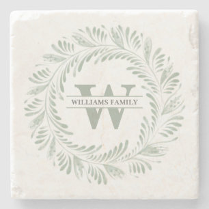Elegant botanisk krans med monogram stenunderlägg