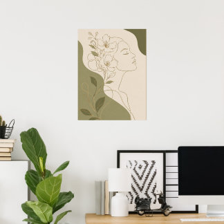 Elegant botanisk kvinna ansikte Linje konst och ol Poster