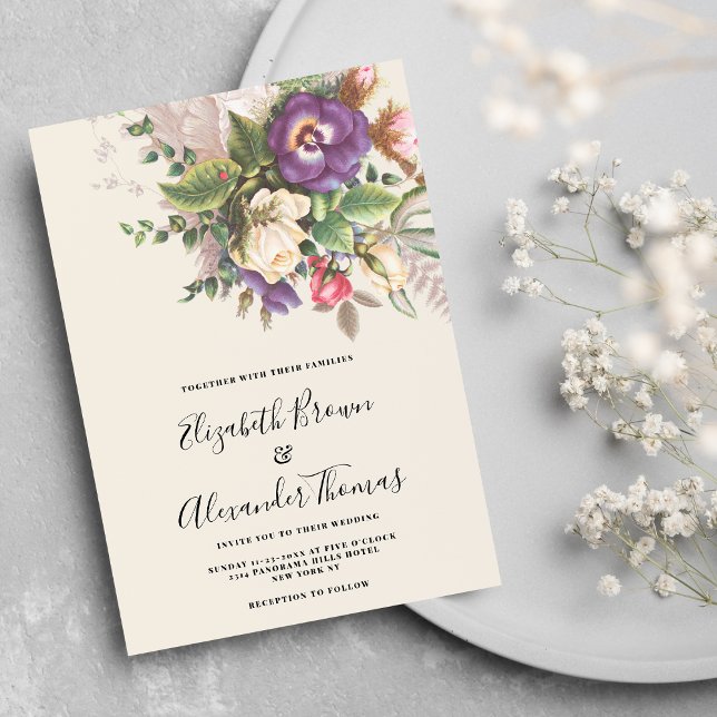 Elegant botanisk lila elfenbensgrönt blommigt bröl inbjudningar (Elegant botanic purple ivory green floral wedding invitation )