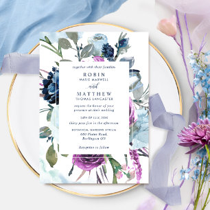 Elegant Botanisk Lila och Bröllop i den blå Blommi Inbjudningar
