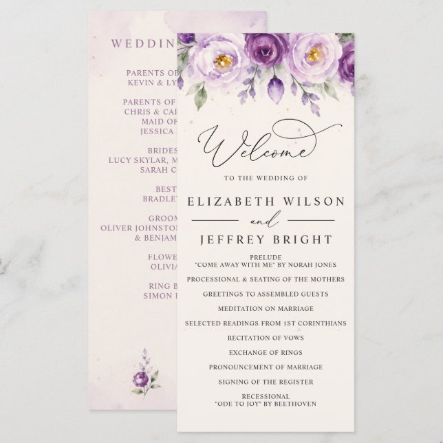 Elegant botanisk lila violett blomsterbröllop program (Fram/baksida)