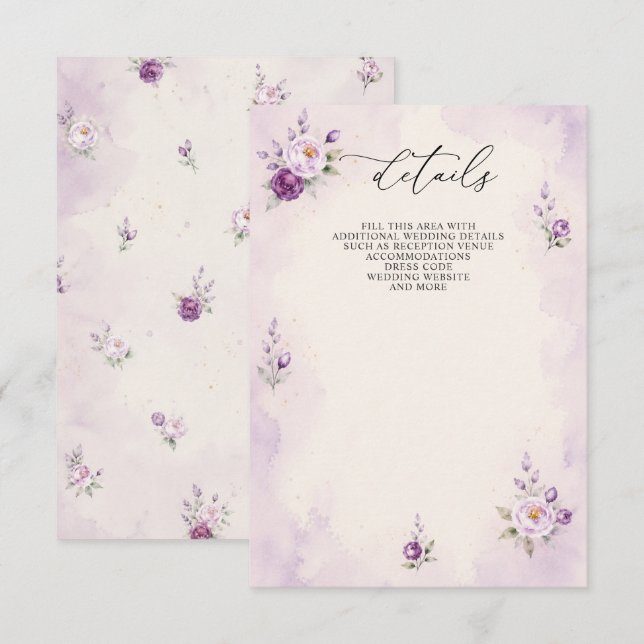 Elegant botanisk lila violett blomsterbröllop tilläggskort (Fram/baksida)