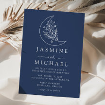 Elegant botanisk måne och stjärnor marinblå bröllo