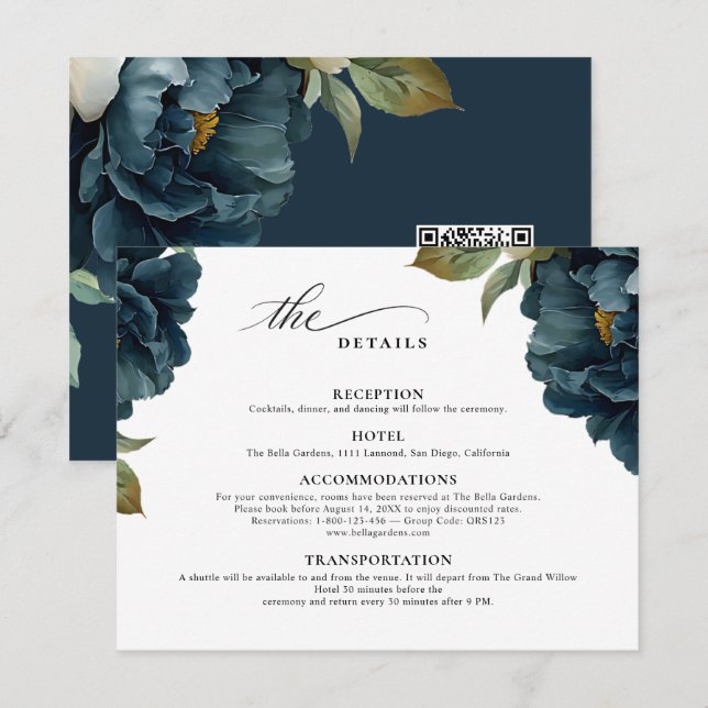 Elegant botanisk marinblå bröllopskod RQ RSVP Tilläggskort (Fram/baksida)