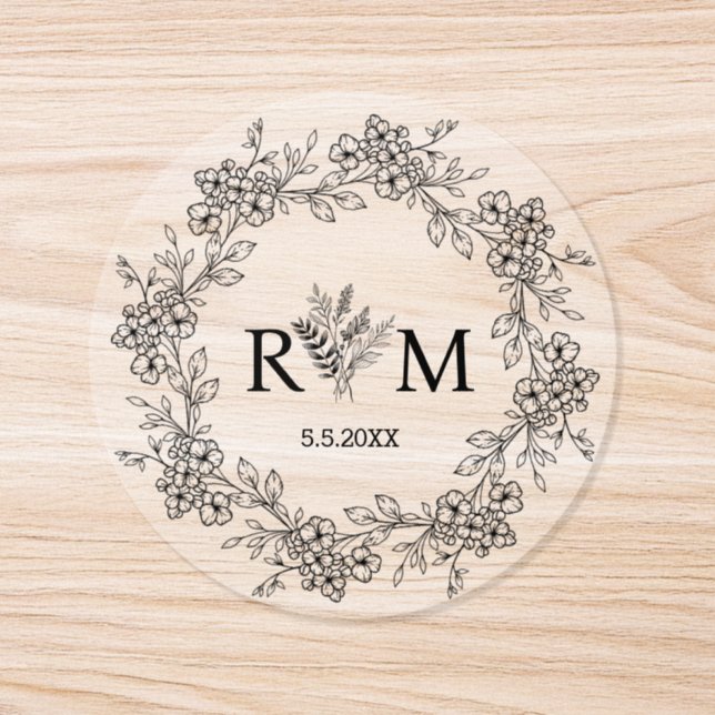 Elegant botanisk monogram bröllopsklar runt klistermärke (Enskild)