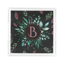 Elegant botanisk monogram i grönt, vinrött och sva