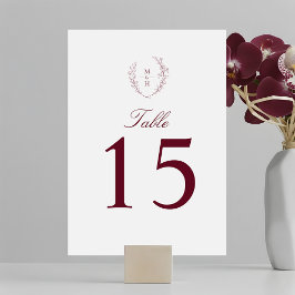Elegant botanisk monogram vinröd bröllopsfest bordsnummer