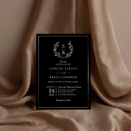 Elegant botanisk monogramkrans svart bröllop inbjudningar