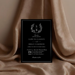 Elegant botanisk monogramkrans svart bröllop inbjudningar