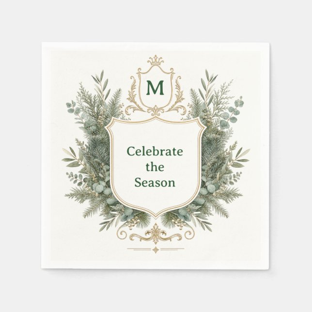 Elegant botanisk monogramm stämpel jul pappersservett (Framsidan)