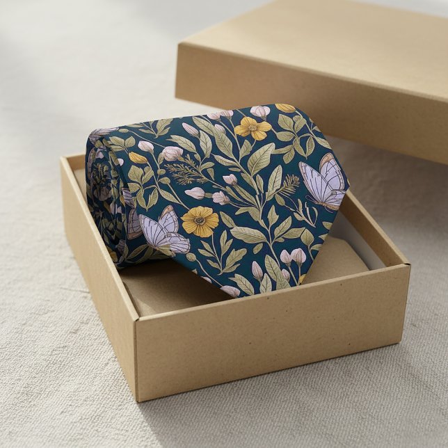 Elegant botanisk mönster med fjärilar på mörk bakg slips (Elegant Botanical Pattern with Butterflies on Dark Neck Tie #botanical #darknecktie #floraltie)