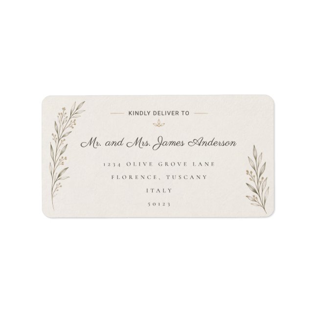 Elegant Botanisk Olivträd Bröllopsadress  Adressetikett (Framsidan)