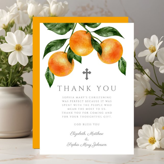 Elegant botanisk orange flicka dop tack kort (Elegant Botanical Oranges Girl Christening Thank You Card)