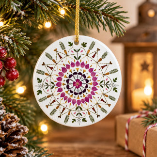 Elegant botanisk pressad blommandala jul julgransprydnad keramik