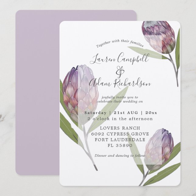 Elegant botanisk protea lila bröllopsinbjudan inbjudningar (Fram/baksida)