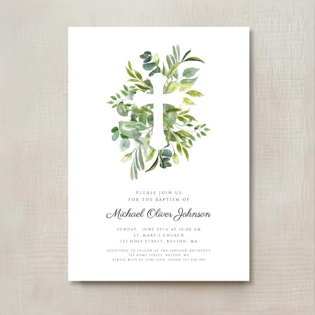 Elegant botanisk religiös dopkorsdop inbjudningar (Elegant Botanical Religious Cross Baptism Invitation)