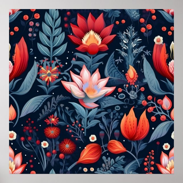 Elegant botanisk röd blå teal mönster midnatt poster (Framsidan)