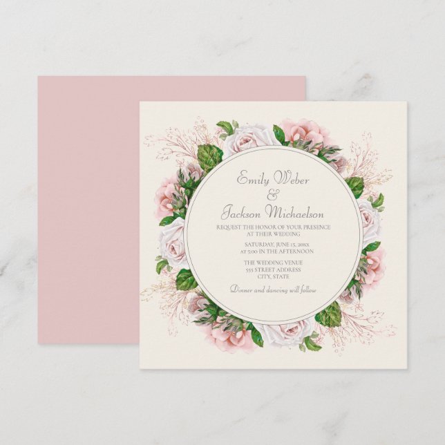 Elegant botanisk rosa blommig rosor krämbröllop inbjudningar (Fram/baksida)