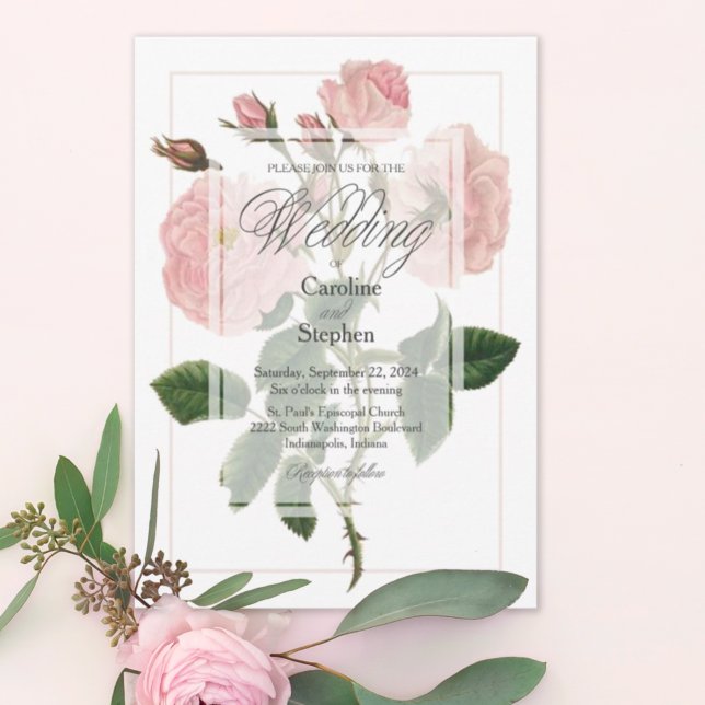 Elegant Botanisk Rosa Blommigt Typografi Bröllop Inbjudningar (Skapare uppladdad)