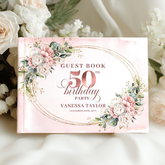 Elegant botanisk roséguld 50-årsdag bok (Graceful Botanical Rose Gold 50th Birthday Guest Book)