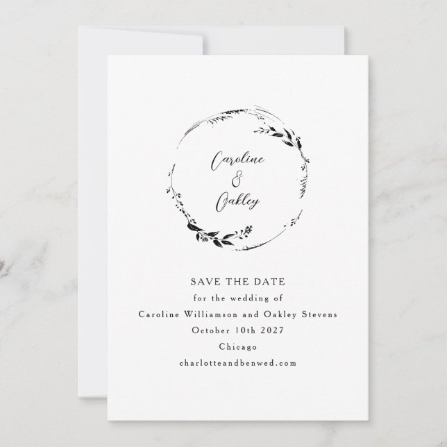 Elegant botanisk svart och vit minimalistisk serif spara datumet (Framsida)