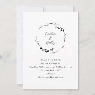Elegant botanisk svart och vit minimalistisk serif spara datumet