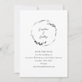 Elegant botanisk svart-vit minimalistisk serif spara datumet