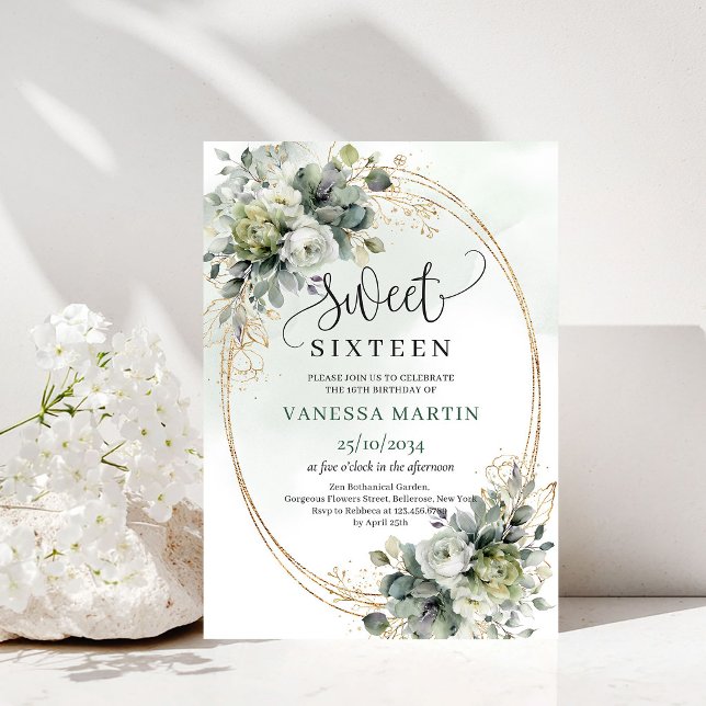 Elegant botanisk Sweet 16 grön guld inbjudan (Elegant Botanical Sweet 16 Green Gold Invitation)