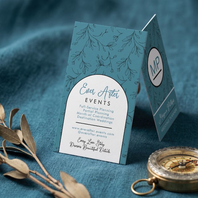 Elegant botanisk valvmonogram visitkort (Simulated business cards on table)