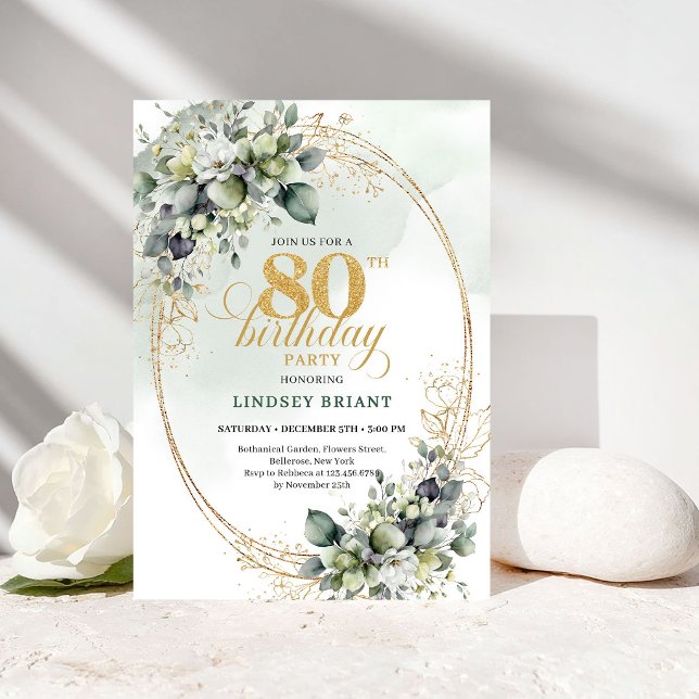 Elegant botanisk vit ros 80-års födelsedagsinbjuda inbjudningar (Chic Botanical White Roses 80th Birthday Invite)